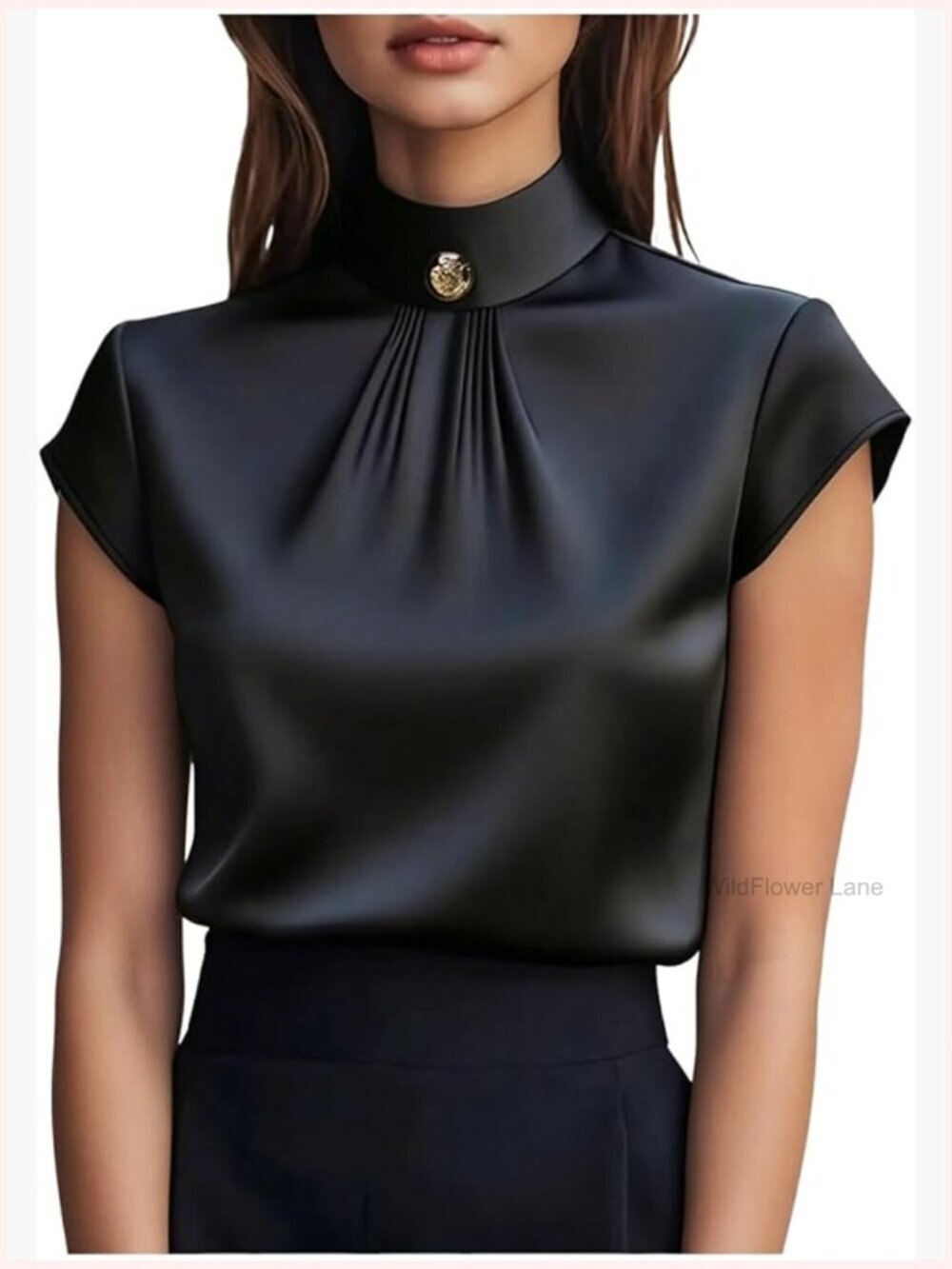 Mock Neck Ruched Cap Sleeve Satin Blouse Dressy Work Top